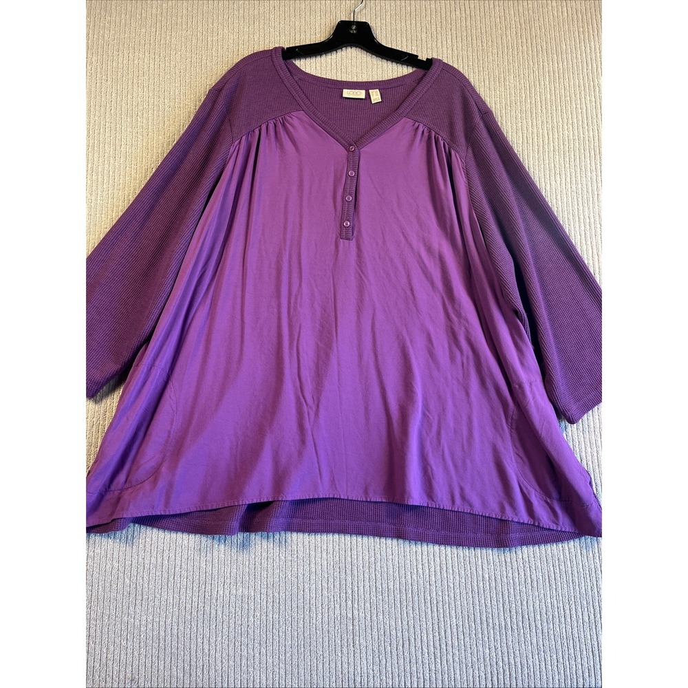 LOGO Lori Goldstein Top Women's 4X Bright Purple Mixed Media Waffle Knit